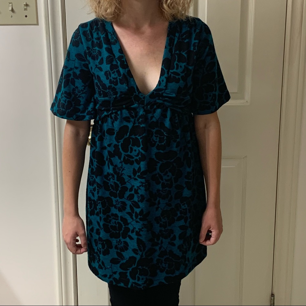 🌷3 for $25🌷725 Originals, US XS, Turquoise & Black Floral V-Neck Smock Dress